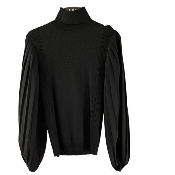 WHBM Sheer Puff Sleeve Textured Knit Turtleneck Black Size Small - Picture 2 of 7